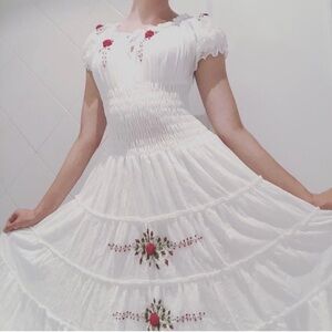 Boho Floral Embroidered Smocked Tiered Midi Dress Mexican Peasant Cottagecore